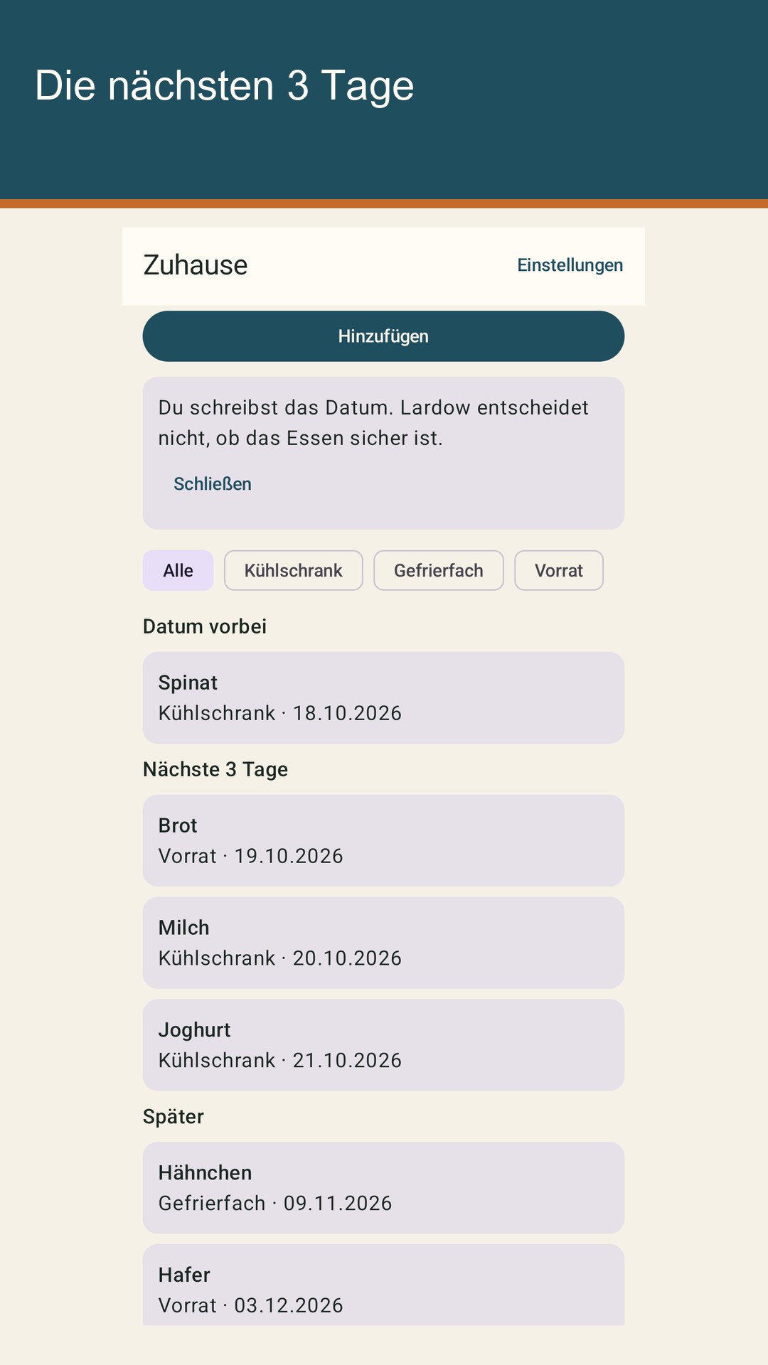 Lardow: Haltbarkeitsliste