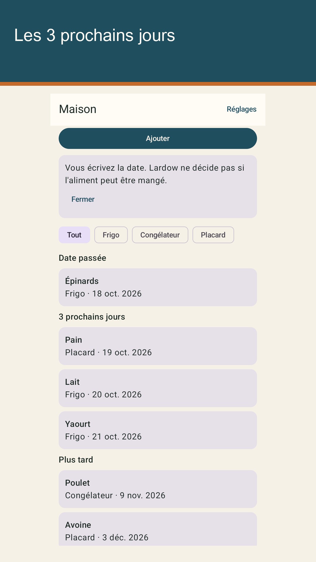Lardow : dates des aliments