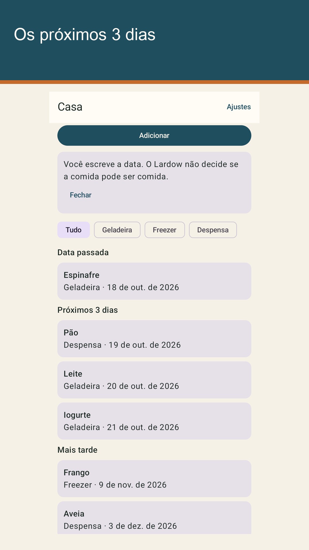 Lardow: lista de validade