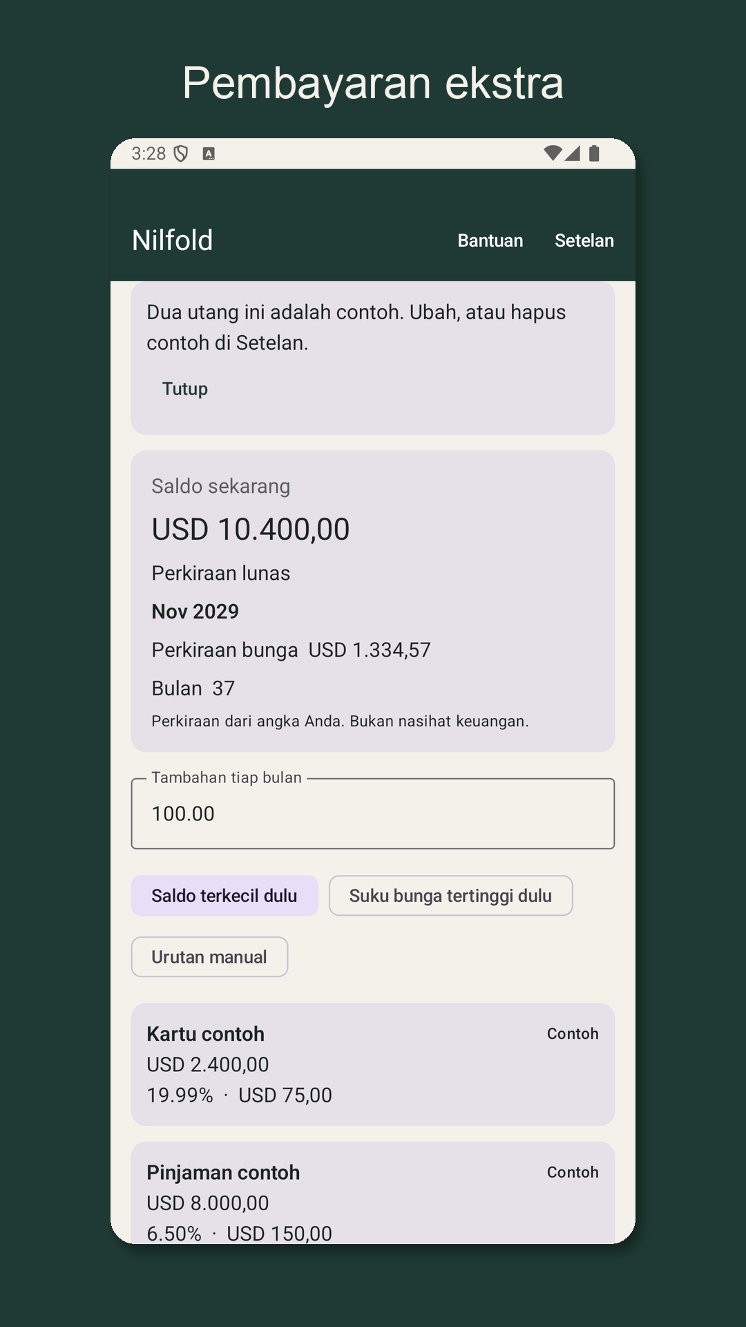 Nilfold: estimasi pelunasan — 2